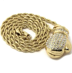 Boxing Gloves Iced Pendant Gold Finish Necklace 36 Inch Long Hip Hop Chain
