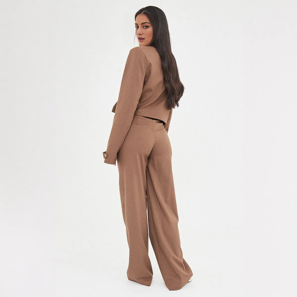 Casual Deep V Button Long Sleeve Cropped Blazer & Color Matching Waist Loose Trousers Co-ord