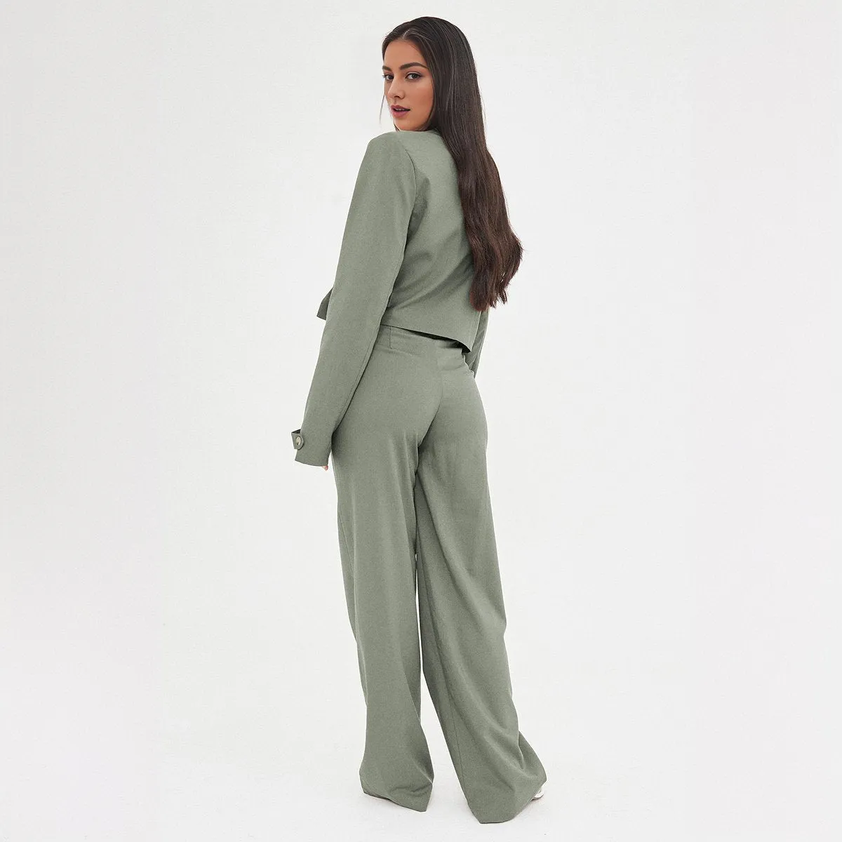 Casual Deep V Button Long Sleeve Cropped Blazer & Color Matching Waist Loose Trousers Co-ord