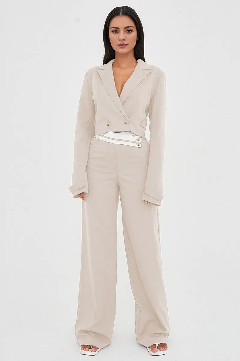 Casual Deep V Button Long Sleeve Cropped Blazer & Color Matching Waist Loose Trousers Co-ord
