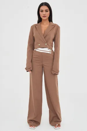 Casual Deep V Button Long Sleeve Cropped Blazer & Color Matching Waist Loose Trousers Co-ord