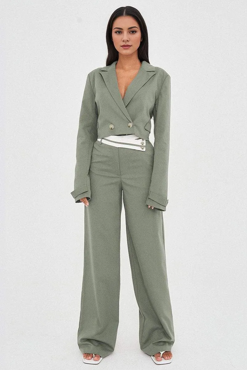 Casual Deep V Button Long Sleeve Cropped Blazer & Color Matching Waist Loose Trousers Co-ord