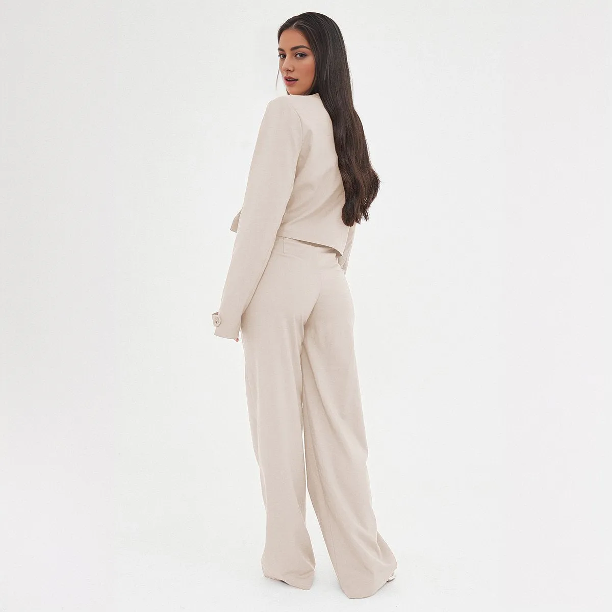 Casual Deep V Button Long Sleeve Cropped Blazer & Color Matching Waist Loose Trousers Co-ord