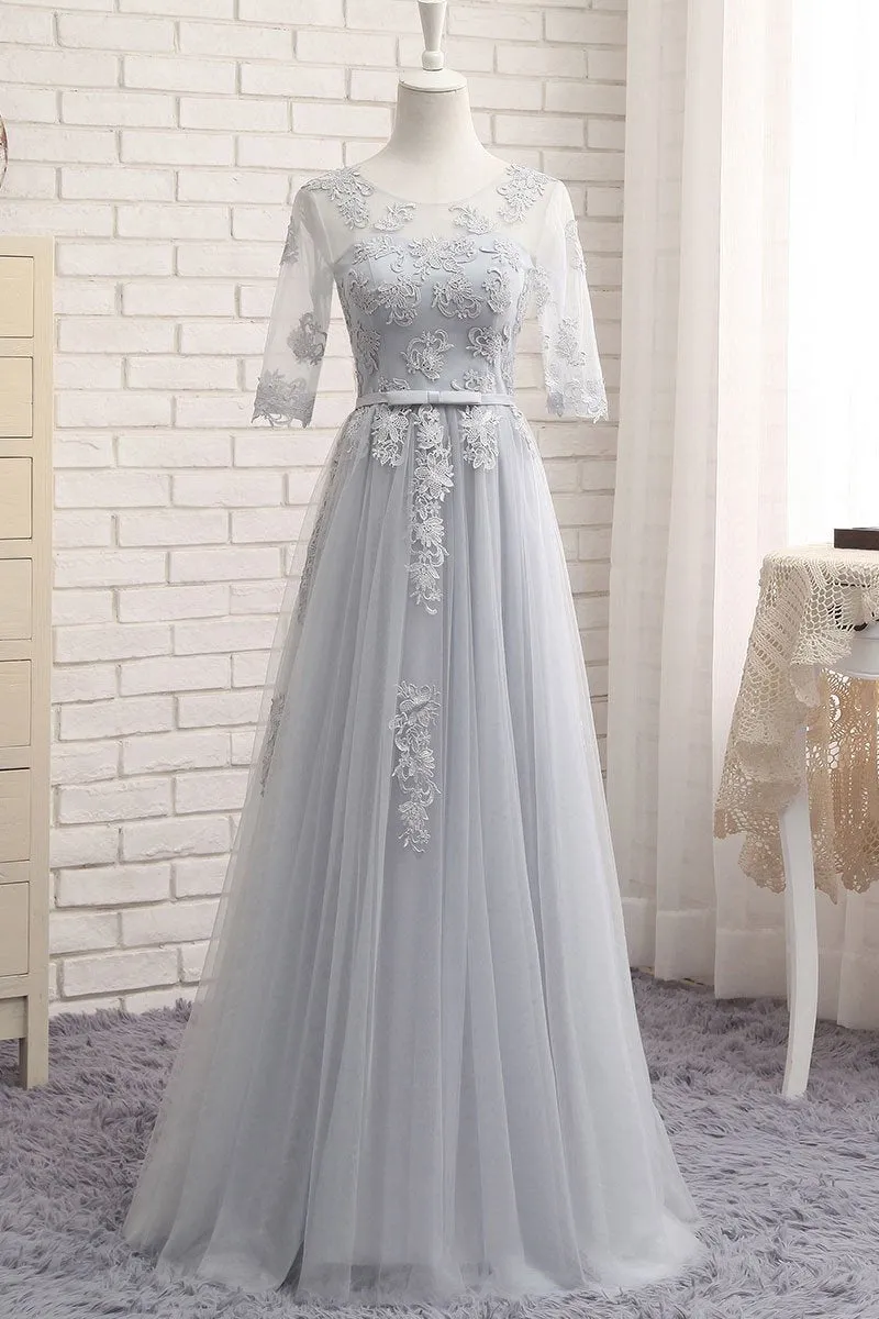 Charming A-line Scoop Neck Floor Length Sleeveless Long Tulle Bridesmaid Dresses with Appliques OHS123