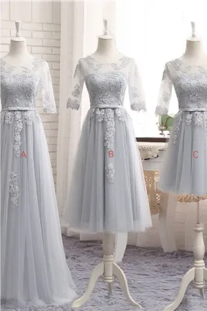 Charming A-line Scoop Neck Floor Length Sleeveless Long Tulle Bridesmaid Dresses with Appliques OHS123