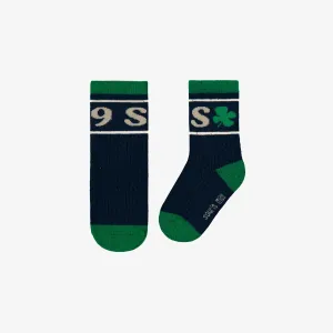 Chaussettes marine et vertes en tricot tressée, bébé || Navy and green cable knit socks, baby