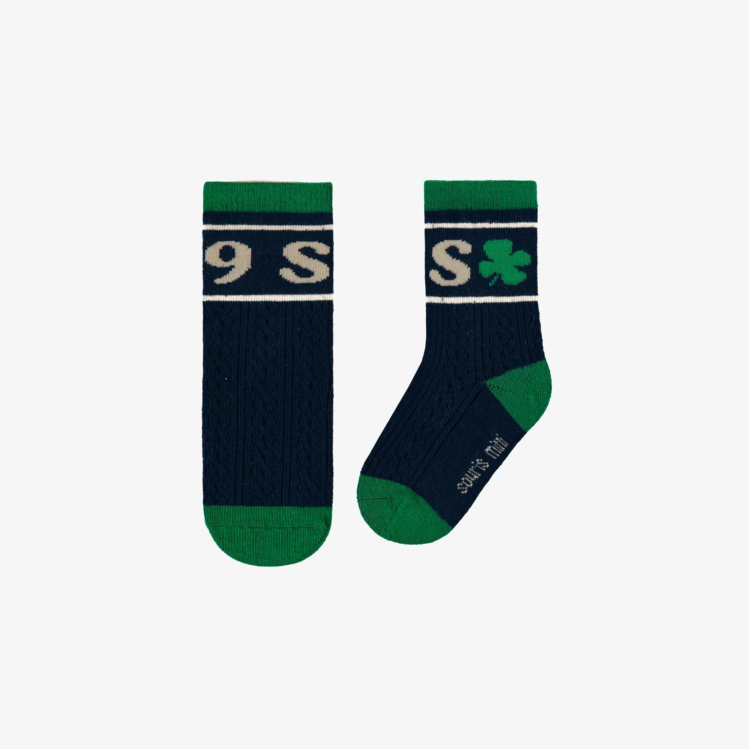 Chaussettes marine et vertes en tricot tressée, bébé || Navy and green cable knit socks, baby