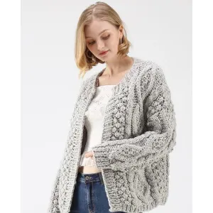 Chicwish Wintry Morning Chunky Cable Knit Cardigan Gray Wool Blend Medium