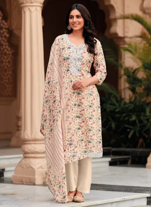 Cream Floral Handwork Embroidery Pakistani Pant Style Suit