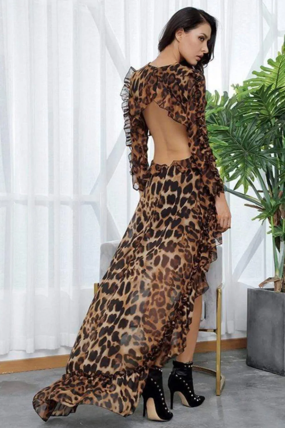 Cut Out Open Back Chiffon Leopard Print Dress