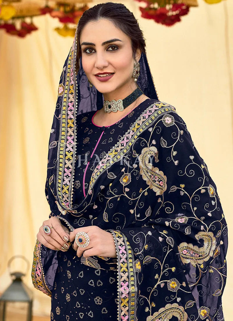 Dark Blue Multi Embroidery Traditional Pant Suit