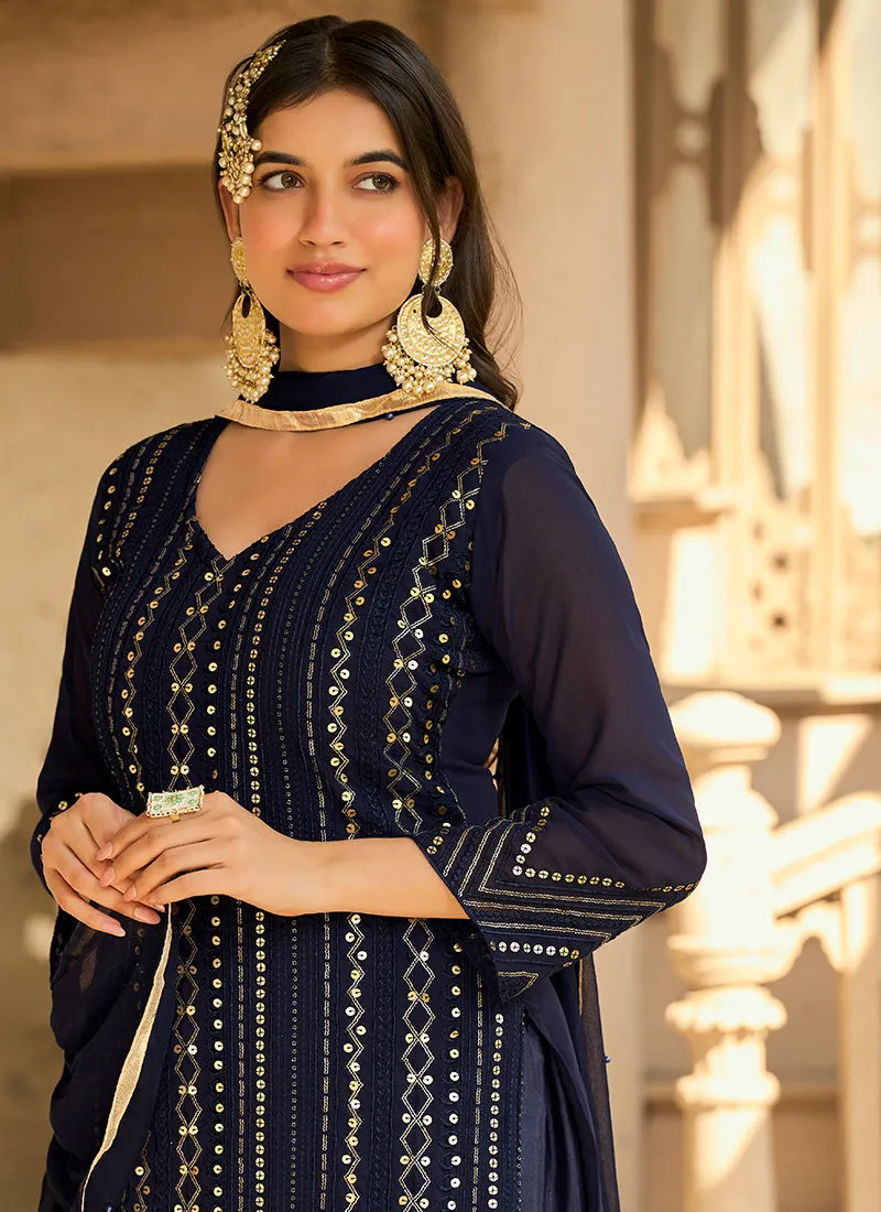 Dark Blue Sequence And Zari Embroidery Pant Style Suit