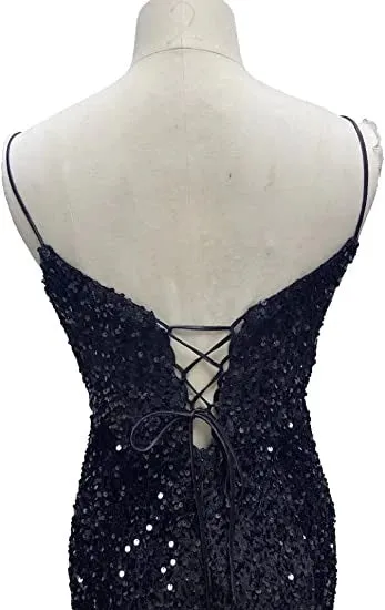 Dark Green Sequins Prom Dress Mermaid Evening Gowns With Spaghetti-Straps SNH005
