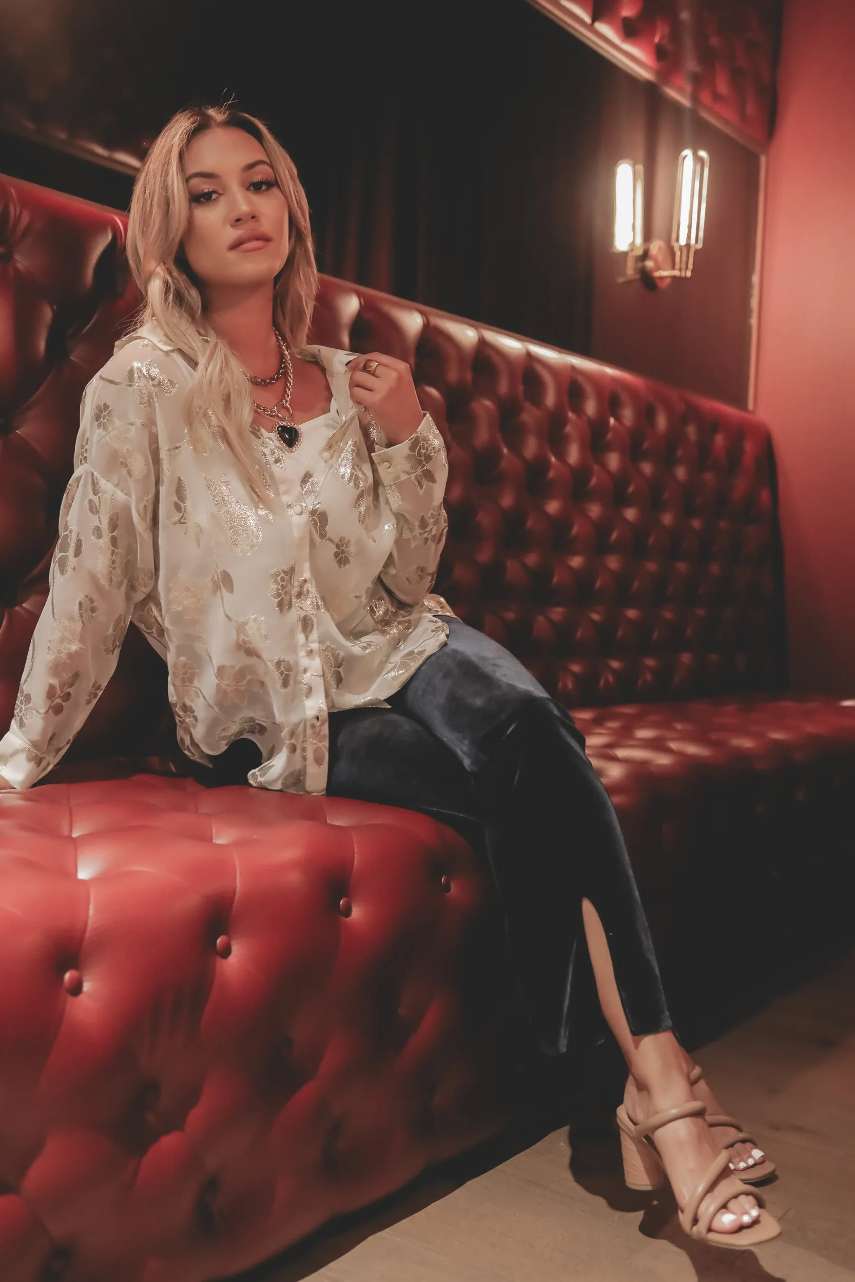 DEAL SAGE THE LABEL Misty Navy Velvet Flared Pants