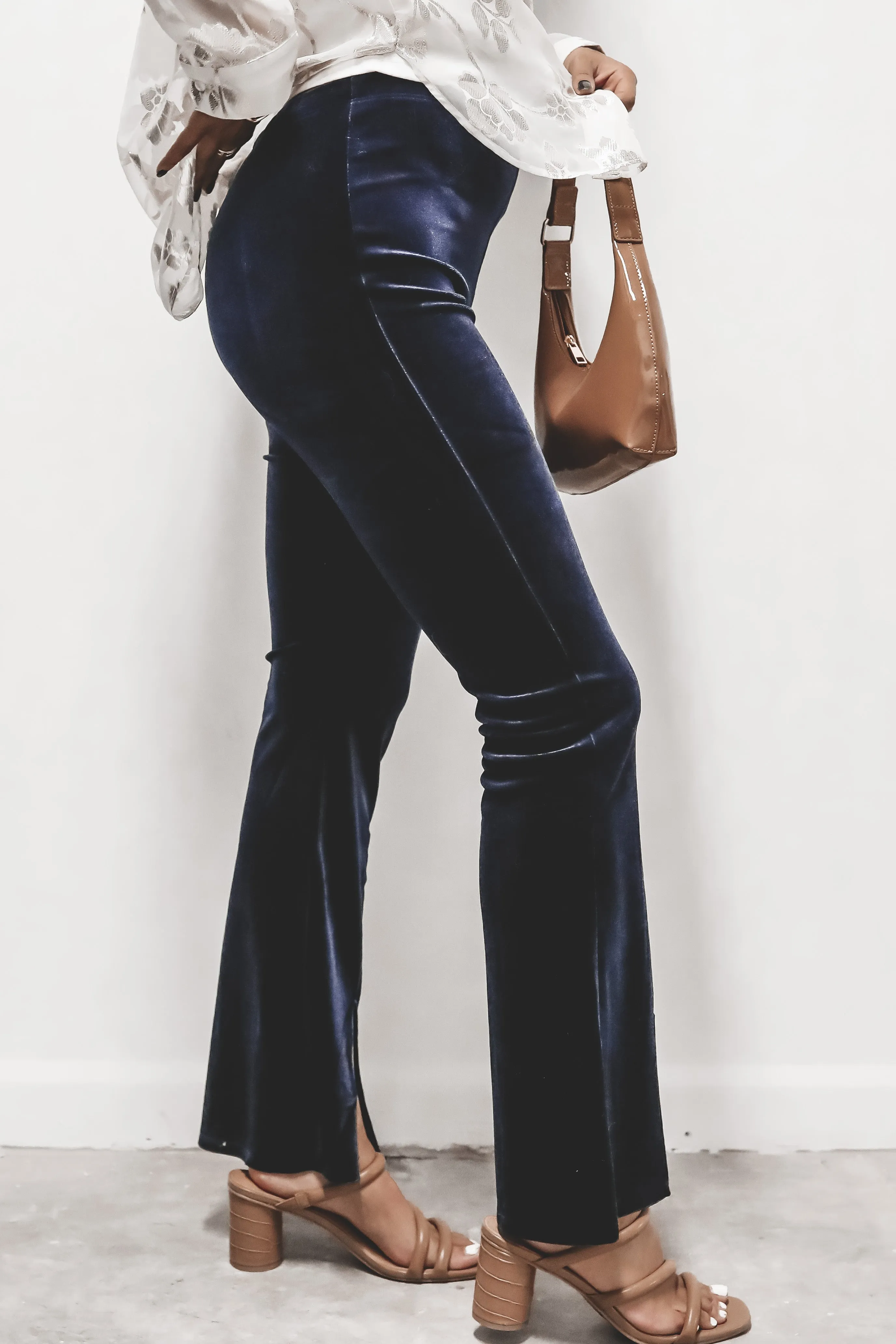 DEAL SAGE THE LABEL Misty Navy Velvet Flared Pants