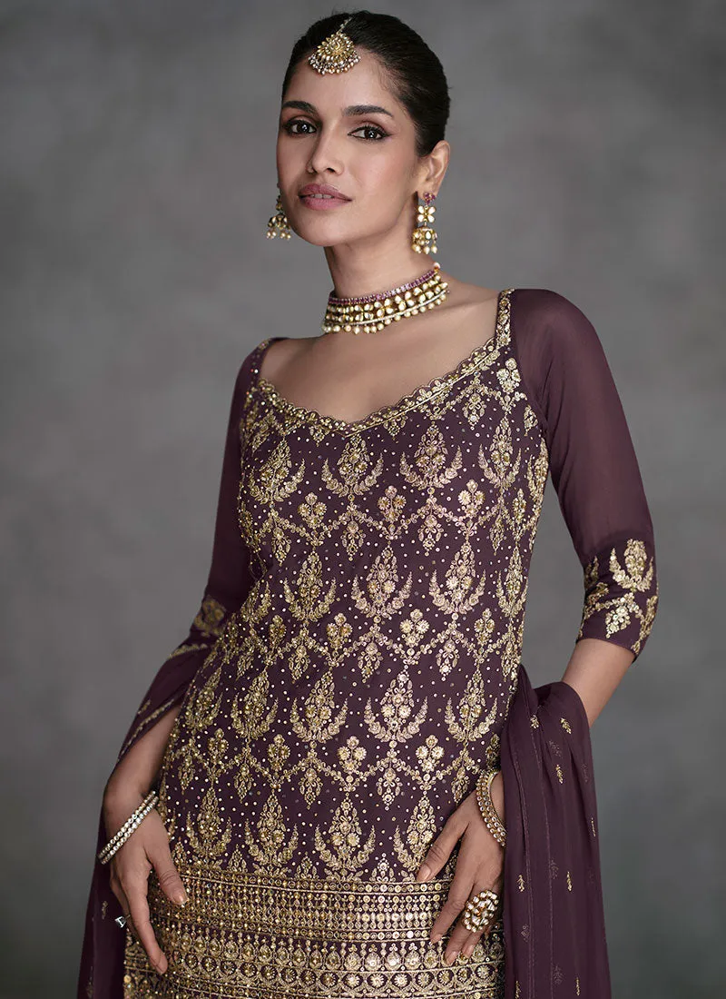 Deep Purple All Over Sequence Embroidery Designer Sharara Suit