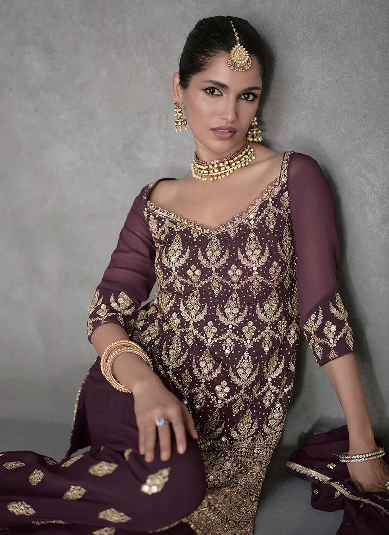 Deep Purple All Over Sequence Embroidery Designer Sharara Suit
