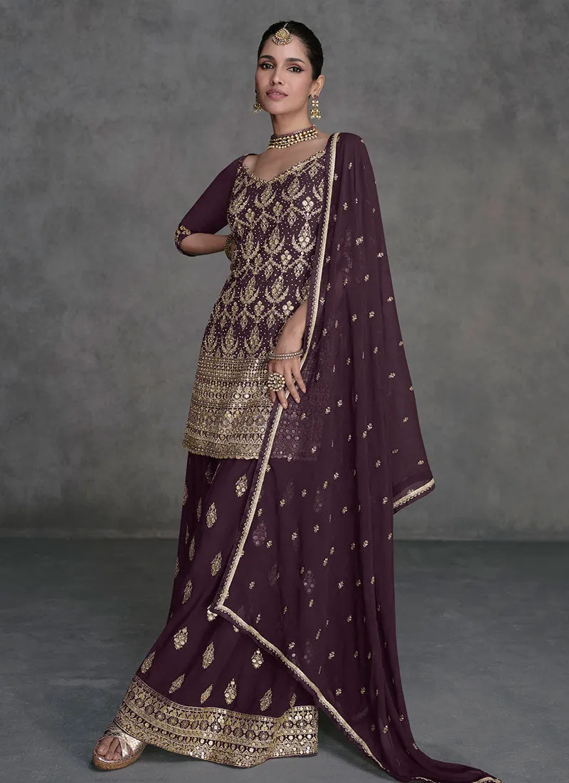 Deep Purple All Over Sequence Embroidery Designer Sharara Suit