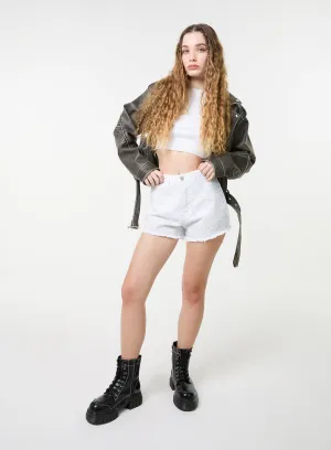 Denim Glitter Effect Diamante Shorts