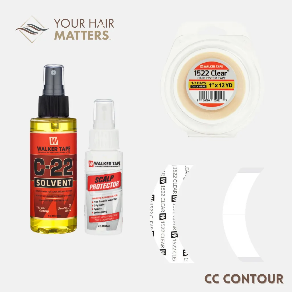 EASY INSTALL KIT *PLUS* - For Hair System DAILY WEAR with TAPE ROLL, 36 CONTOUR STRIPS, C22 SOLVENT, and SCALP PROTECTOR (WALKER)