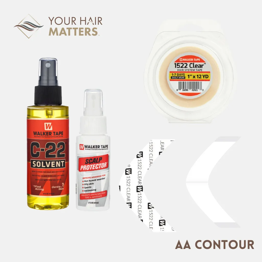 EASY INSTALL KIT *PLUS* - For Hair System DAILY WEAR with TAPE ROLL, 36 CONTOUR STRIPS, C22 SOLVENT, and SCALP PROTECTOR (WALKER)