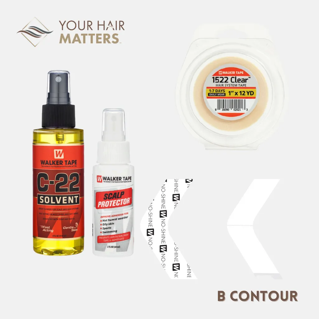 EASY INSTALL KIT *PLUS* - For Hair System DAILY WEAR with TAPE ROLL, 36 CONTOUR STRIPS, C22 SOLVENT, and SCALP PROTECTOR (WALKER)