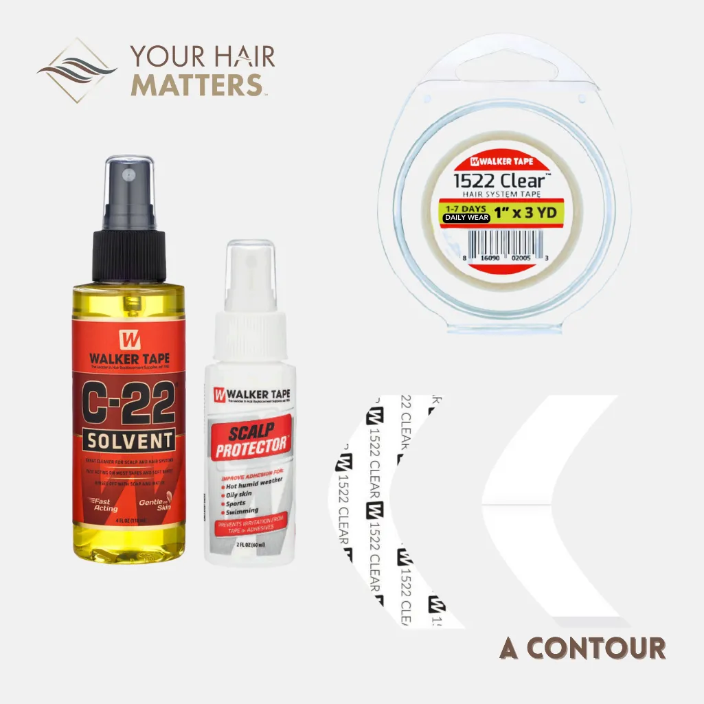 EASY INSTALL KIT *PLUS* - For Hair System DAILY WEAR with TAPE ROLL, 36 CONTOUR STRIPS, C22 SOLVENT, and SCALP PROTECTOR (WALKER)