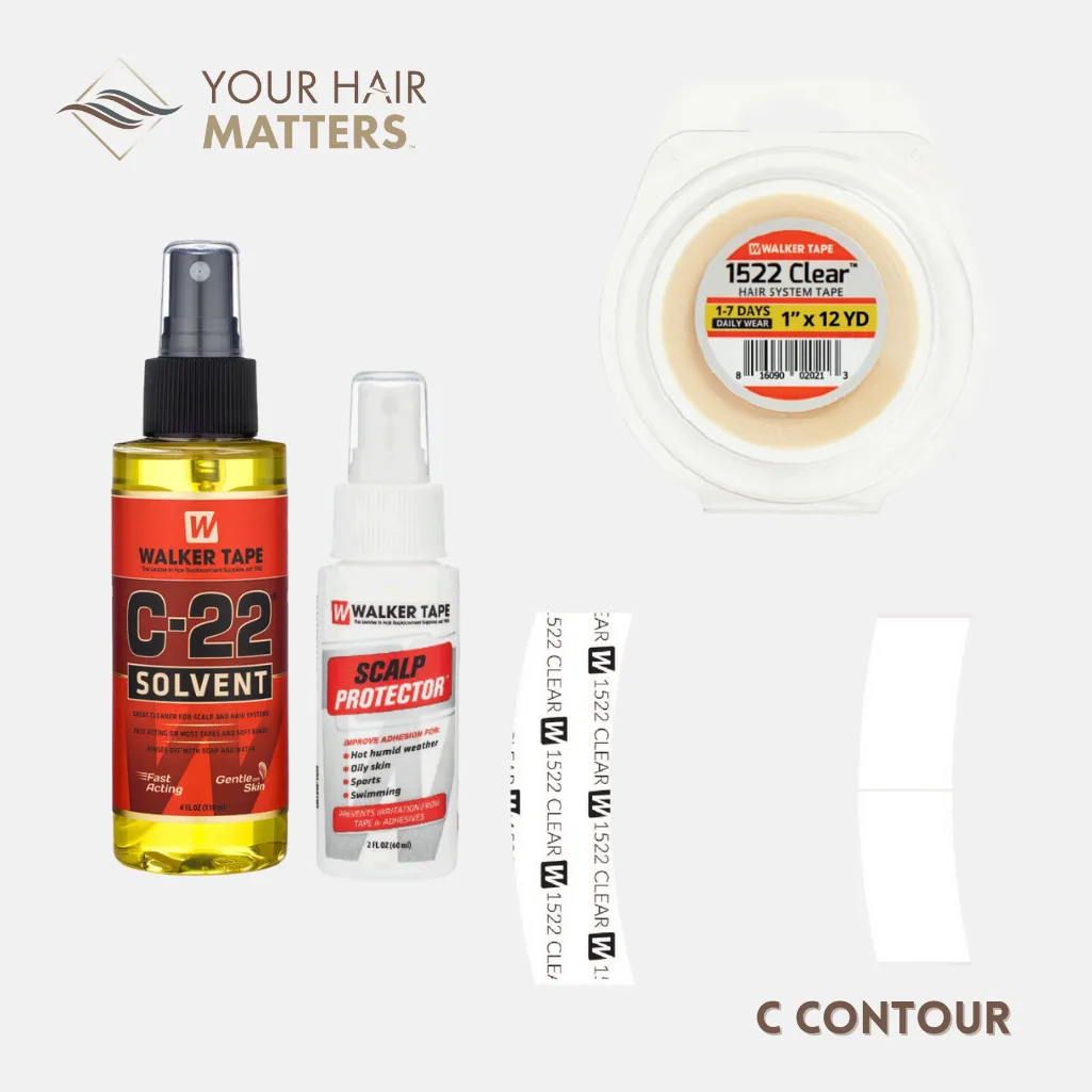EASY INSTALL KIT *PLUS* - For Hair System DAILY WEAR with TAPE ROLL, 36 CONTOUR STRIPS, C22 SOLVENT, and SCALP PROTECTOR (WALKER)