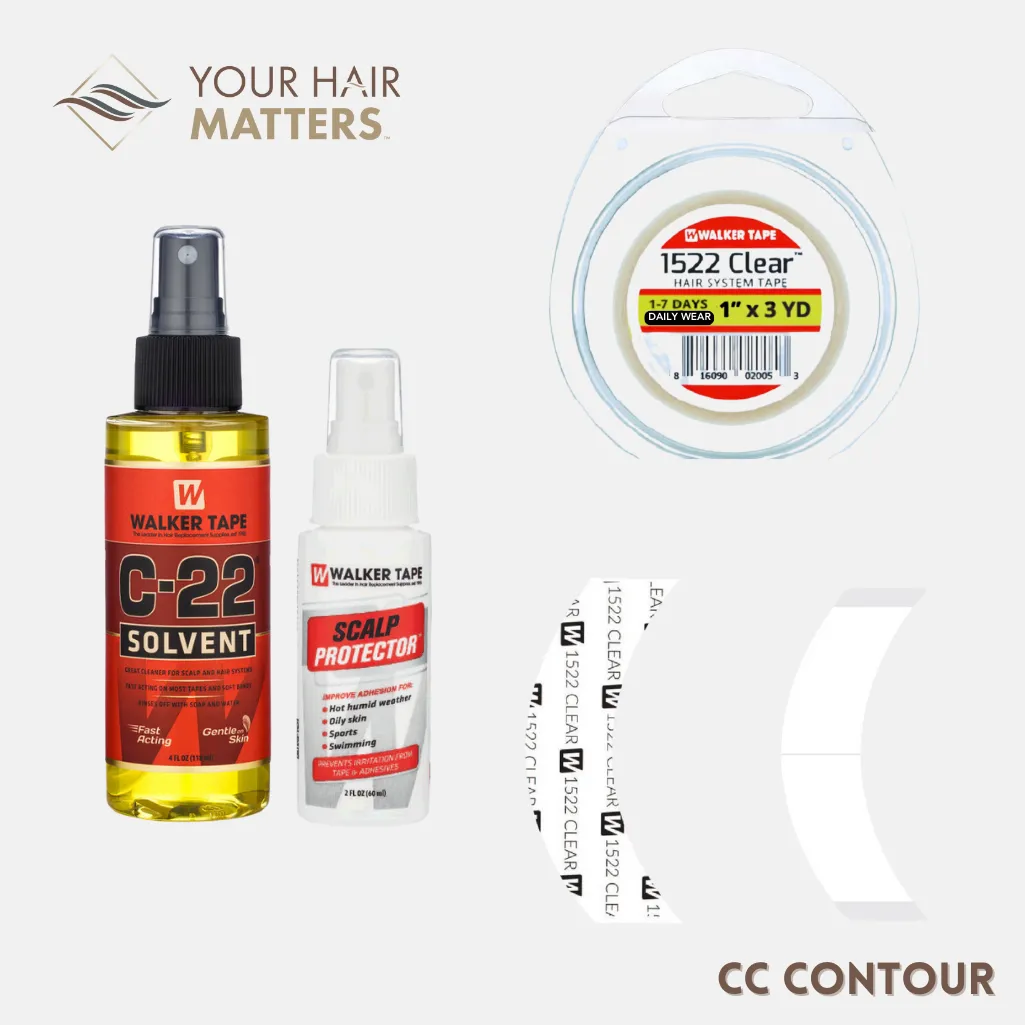 EASY INSTALL KIT *PLUS* - For Hair System DAILY WEAR with TAPE ROLL, 36 CONTOUR STRIPS, C22 SOLVENT, and SCALP PROTECTOR (WALKER)
