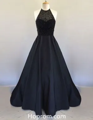 Elegant A Line Halter Black Prom Dresses Sweetheart Beading Evening Dresses