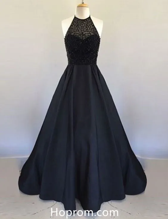 Elegant A Line Halter Black Prom Dresses Sweetheart Beading Evening Dresses