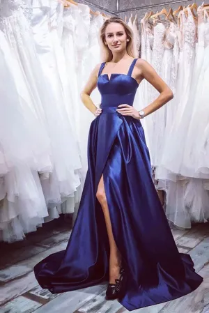 Elegant A Line Halter Sleeveless Side Slit Long Royal Blue Satin Prom Dress Evening Dress OHC345