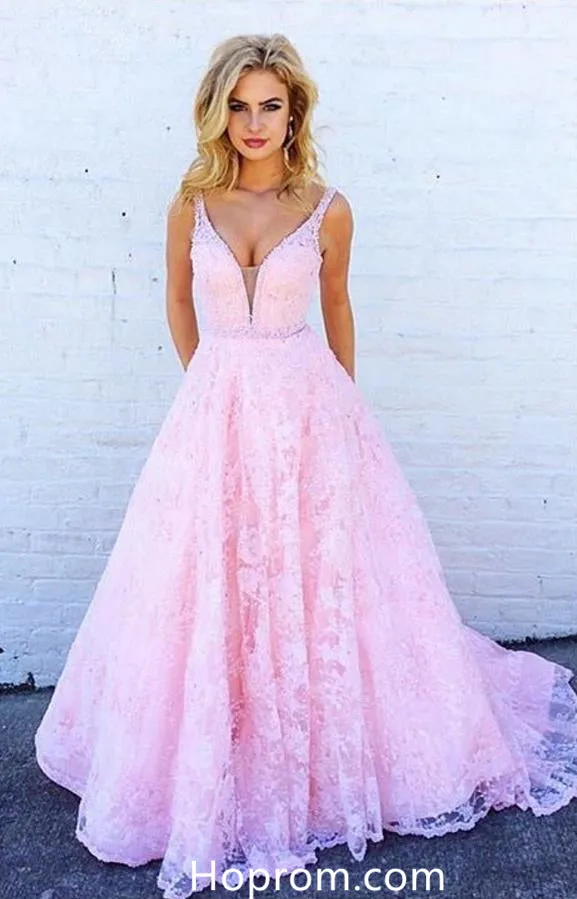 Elegant Lace Prom Dresses 2018 Beaded V Neckline Evening Dresses
