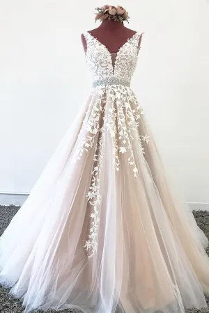 Elegant V Neck Backless Pink Tulle Lace Appliques Long Prom Dress OHC014