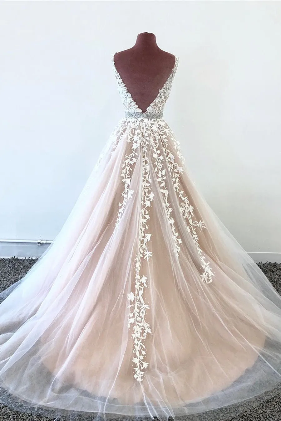 Elegant V Neck Backless Pink Tulle Lace Appliques Long Prom Dress OHC014