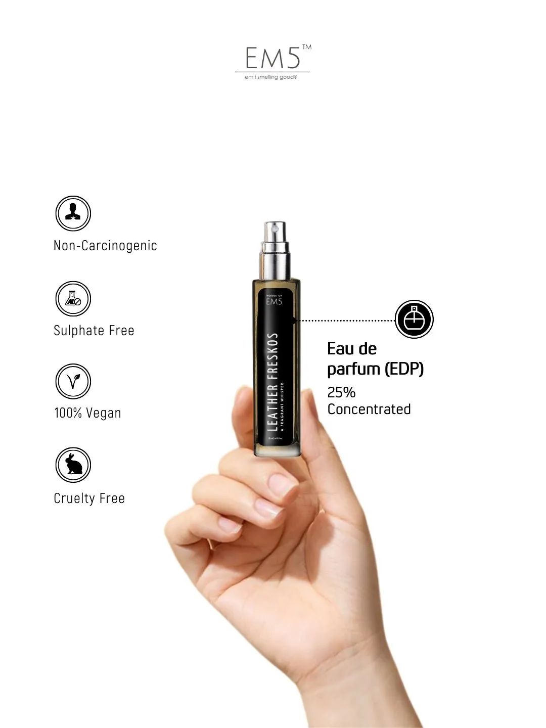 EM5™ Leather Freskos Unisex Perfume | Eau De Parfum Spray for Men & Women | Fresh Spicy Leather Fragrance Accords | Luxury Gift for Him / Her | Sizes Available: 50 ml / 15 ml