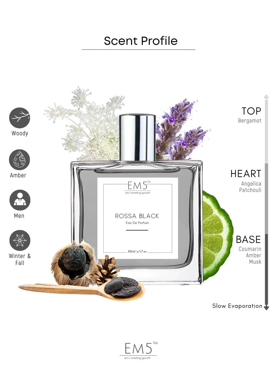 EM5™ Rossa Black Perfume EDP Spray for Men | Amber Musky Warm Spicy Fragrance | Luxury Gift for Him | Variants Available: 50 ml Spray / 15 ml Spray