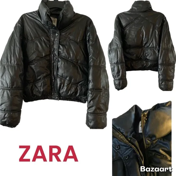 EUC ZARA Puffer, Moto Jacket, Faux Leather, Full hidden zip,Full snap,Sz XS