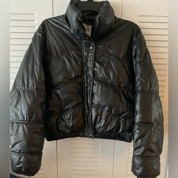 EUC ZARA Puffer, Moto Jacket, Faux Leather, Full hidden zip,Full snap,Sz XS