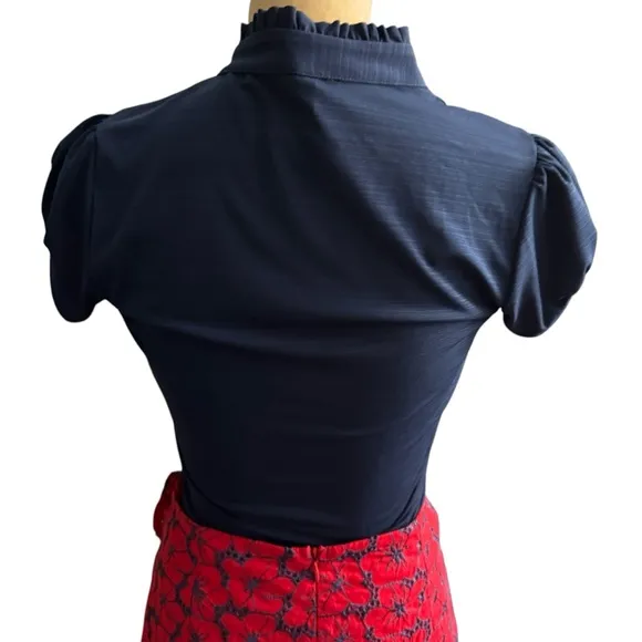 Francesca’s Red Floral Ruffle Skirt &amp; Navy Ruffle Blouse 2 piece Bundle M NWT