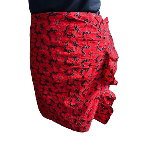 Francesca’s Red Floral Ruffle Skirt &amp; Navy Ruffle Blouse 2 piece Bundle M NWT
