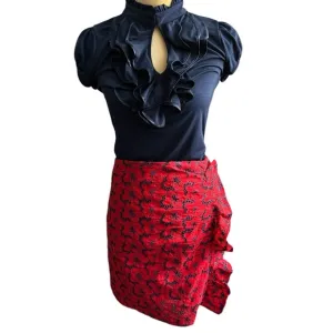 Francesca’s Red Floral Ruffle Skirt &amp; Navy Ruffle Blouse 2 piece Bundle M NWT