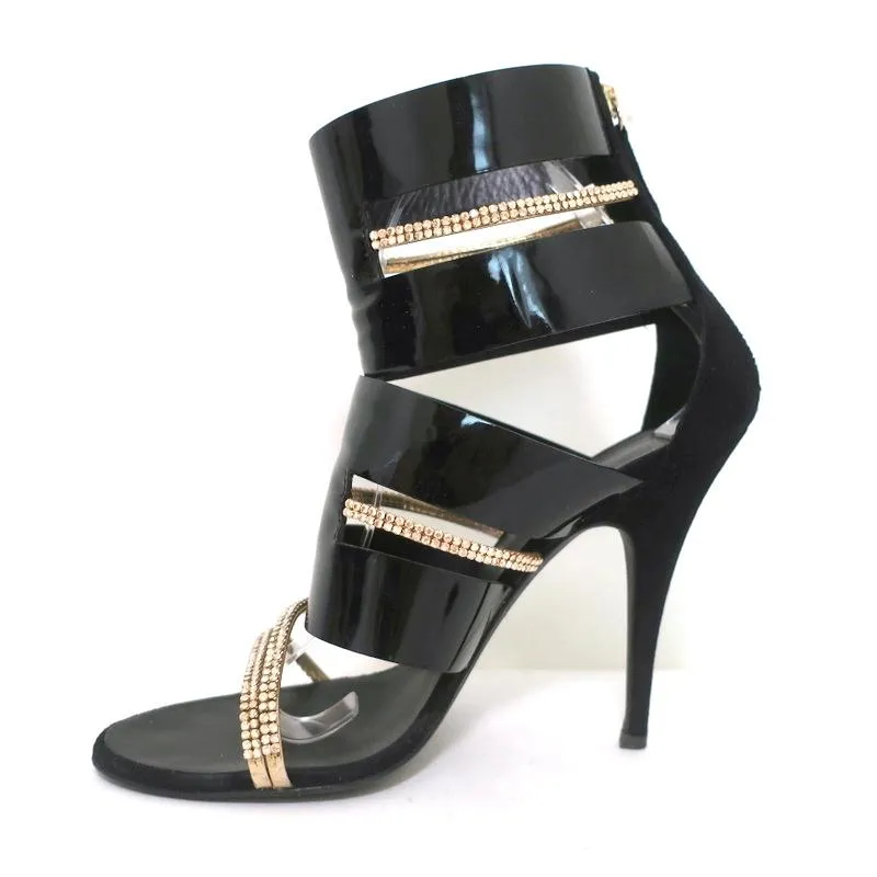 Giuseppe Zanotti x Balmain Sandal Boot Crystal-Trim Black Patent & Suede Size 39
