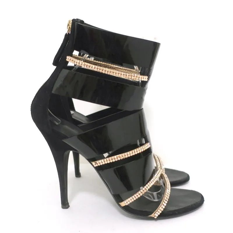 Giuseppe Zanotti x Balmain Sandal Boot Crystal-Trim Black Patent & Suede Size 39