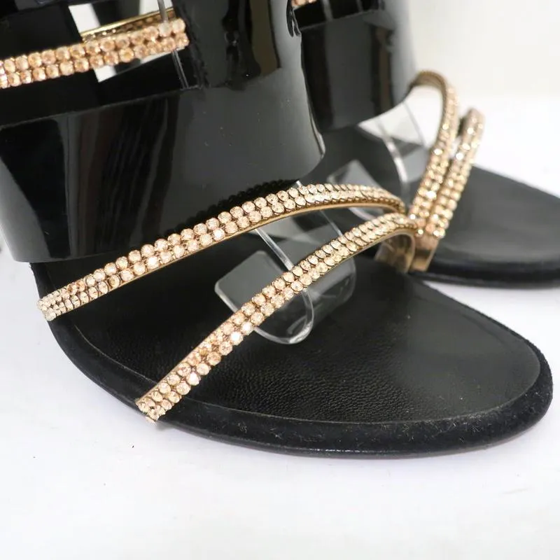 Giuseppe Zanotti x Balmain Sandal Boot Crystal-Trim Black Patent & Suede Size 39