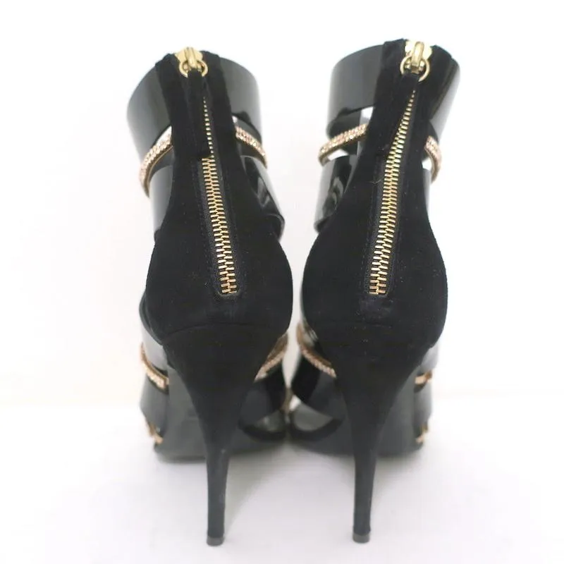 Giuseppe Zanotti x Balmain Sandal Boot Crystal-Trim Black Patent & Suede Size 39
