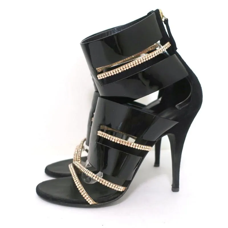 Giuseppe Zanotti x Balmain Sandal Boot Crystal-Trim Black Patent & Suede Size 39