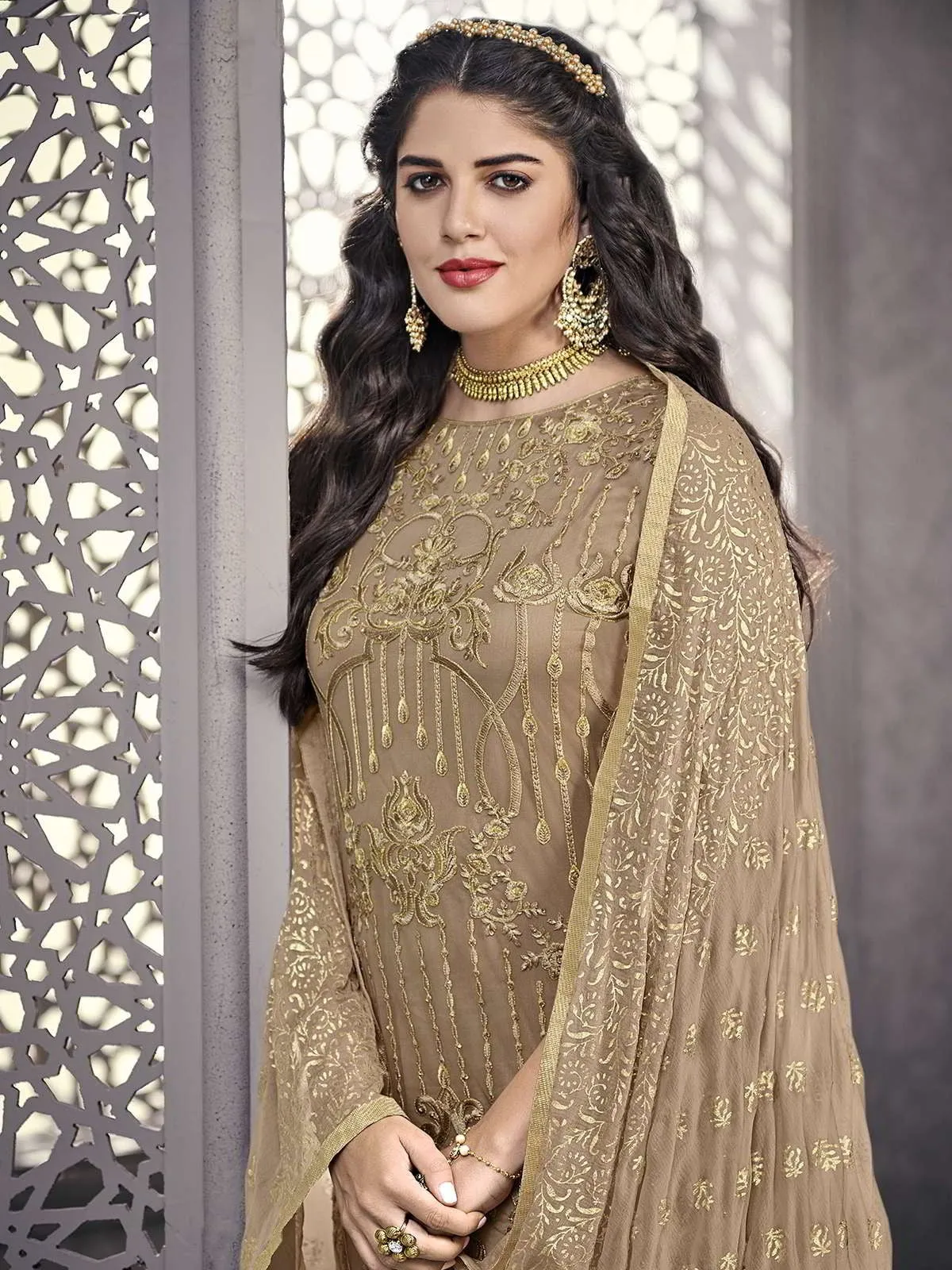 Golden All Ethnic Embroidered Pakistani Pant Suit