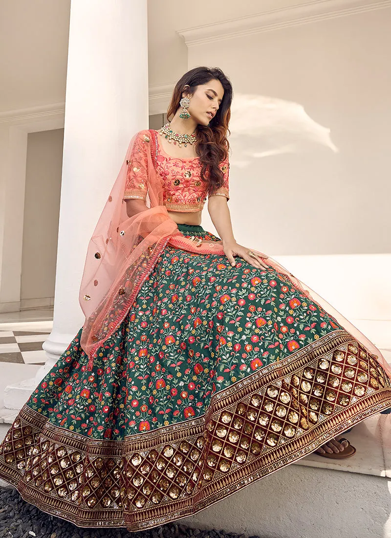 Green And Peach Embroidery Festive Lehenga Choli