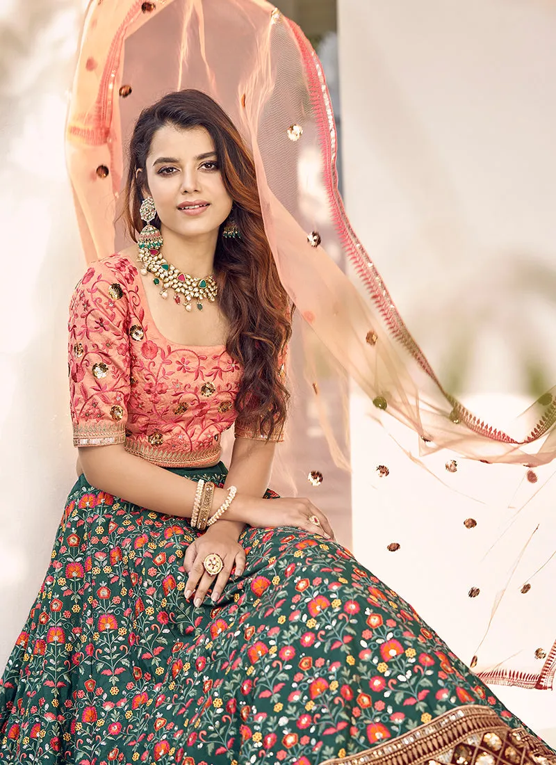 Green And Peach Embroidery Festive Lehenga Choli